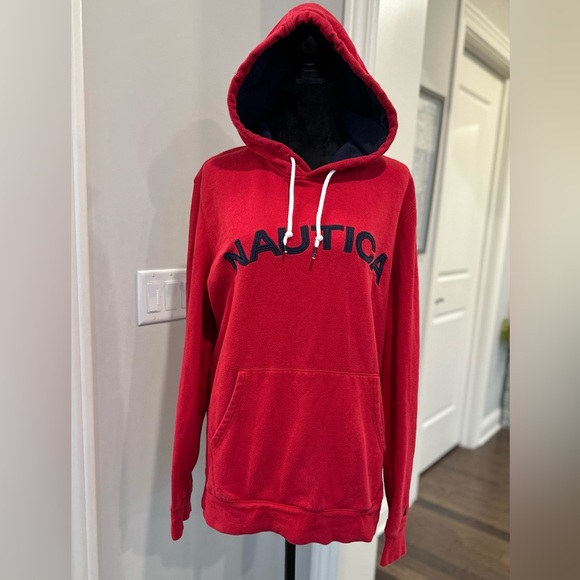 NAUTICA Red LOGO Pullover HOODIE Men’s Size Large Embroidered Kangaroo Pocket - Picture 6 of 11